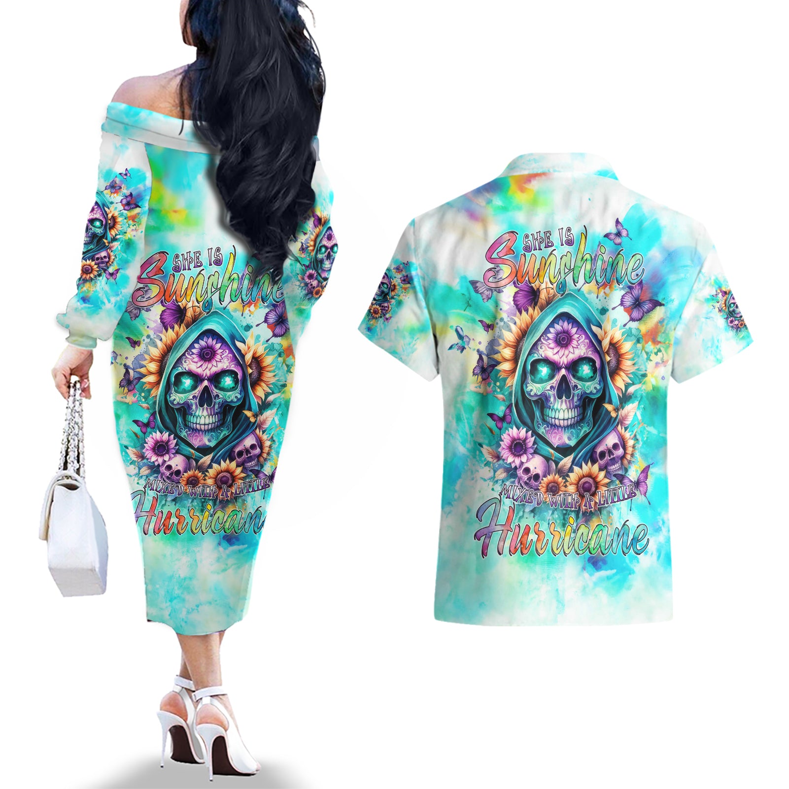 Flower Skull Couples Matching Off The Shoulder Long Sleeve Dress and Hawaiian Shirt She Is Sunshine Mixed With A Little Hurricane - Wonder Print Shop