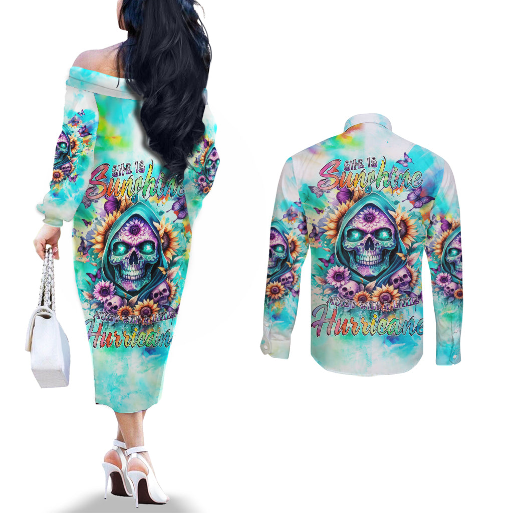 Flower Skull Couples Matching Off The Shoulder Long Sleeve Dress and Long Sleeve Button Shirt She Is Sunshine Mixed With A Little Hurricane