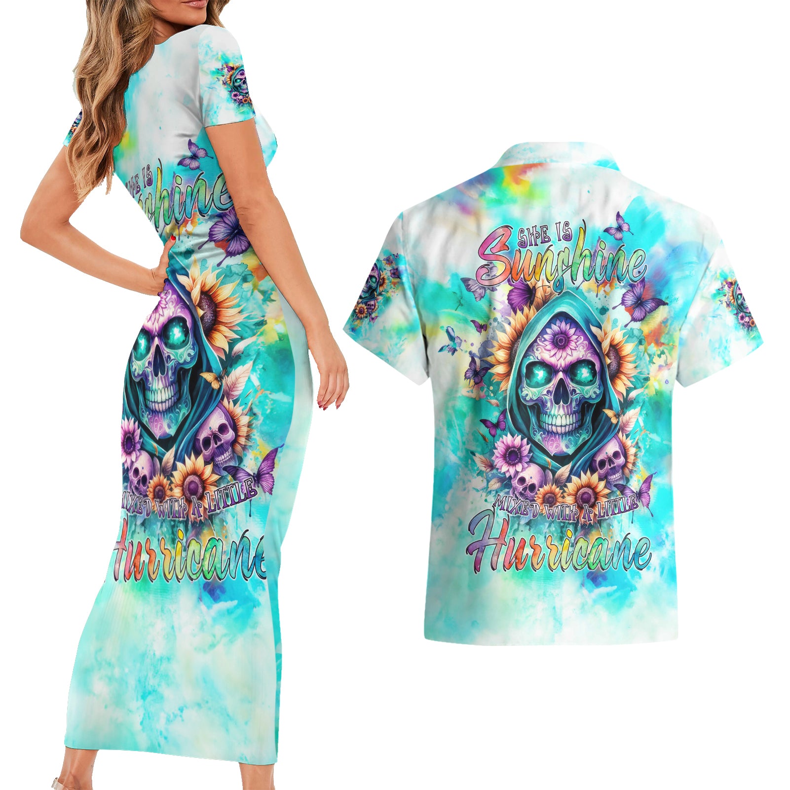 Flower Skull Couples Matching Short Sleeve Bodycon Dress and Hawaiian Shirt She Is Sunshine Mixed With A Little Hurricane - Wonder Print Shop