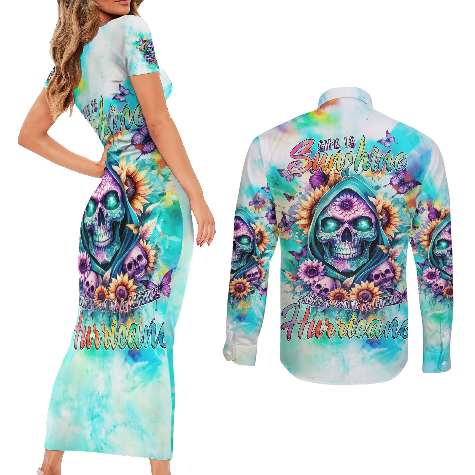 Flower Skull Couples Matching Short Sleeve Bodycon Dress and Long Sleeve Button Shirt She Is Sunshine Mixed With A Little Hurricane - Wonder Print Shop