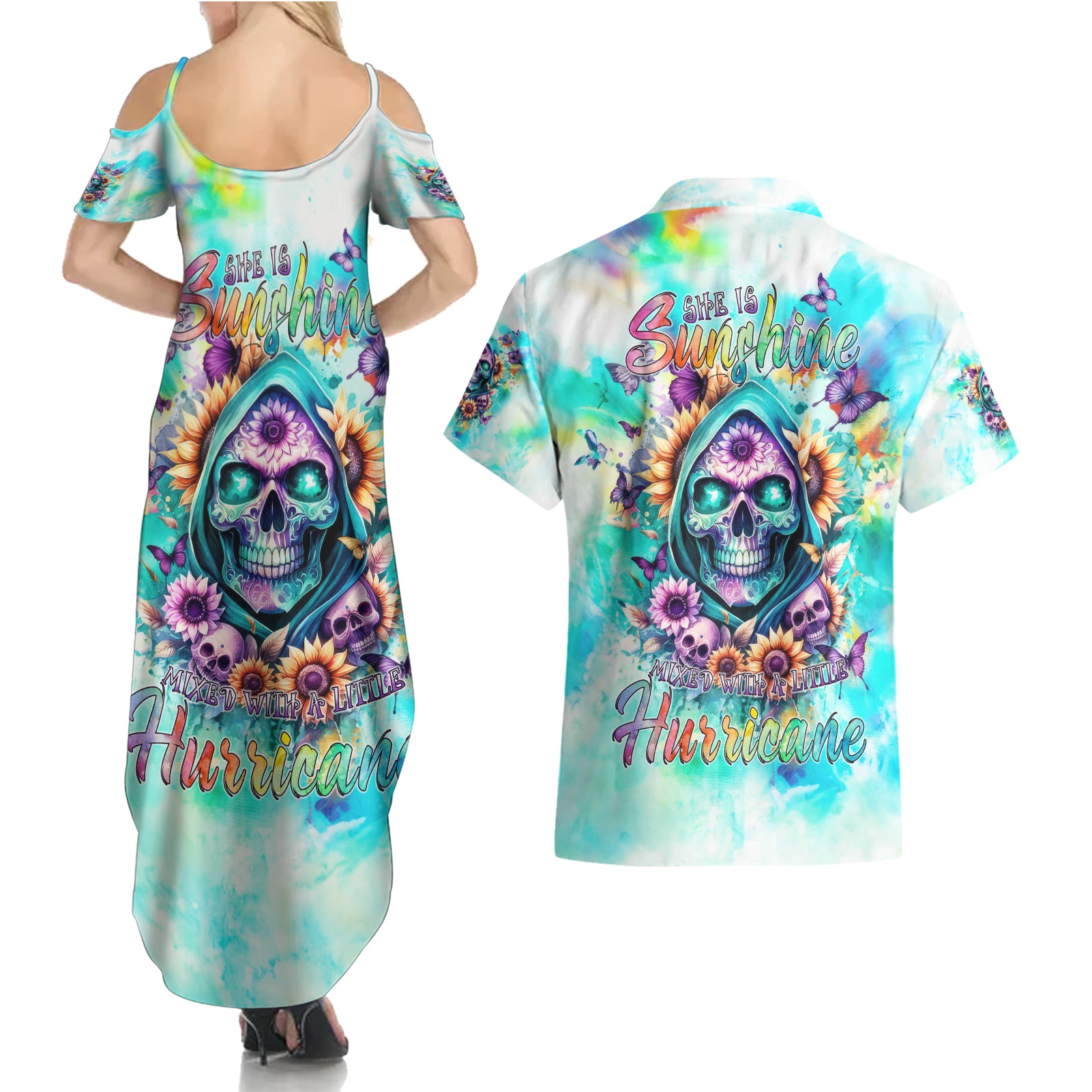 Flower Skull Couples Matching Summer Maxi Dress and Hawaiian Shirt She Is Sunshine Mixed With A Little Hurricane - Wonder Print Shop