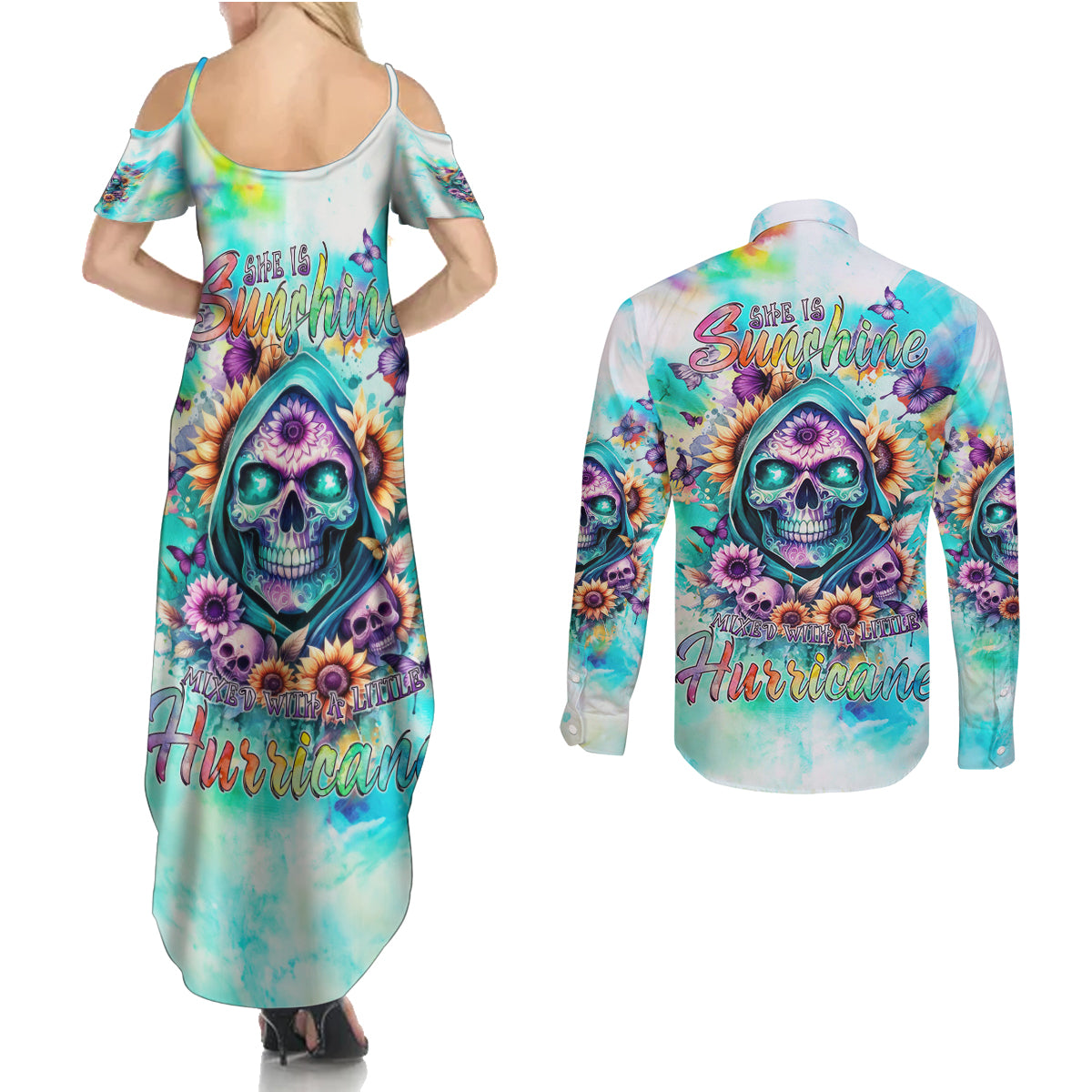 Flower Skull Couples Matching Summer Maxi Dress and Long Sleeve Button Shirt She Is Sunshine Mixed With A Little Hurricane - Wonder Print Shop