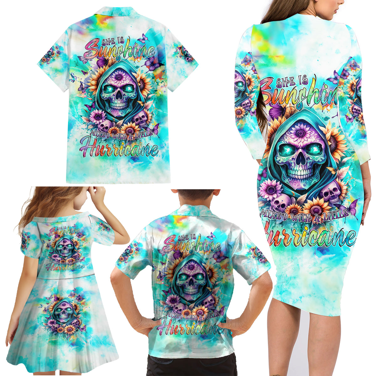 Flower Skull Family Matching Long Sleeve Bodycon Dress and Hawaiian Shirt She Is Sunshine Mixed With A Little Hurricane - Wonder Print Shop