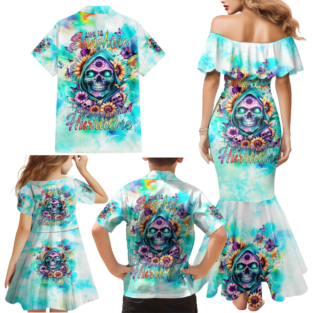 Flower Skull Family Matching Mermaid Dress and Hawaiian Shirt She Is Sunshine Mixed With A Little Hurricane - Wonder Print Shop