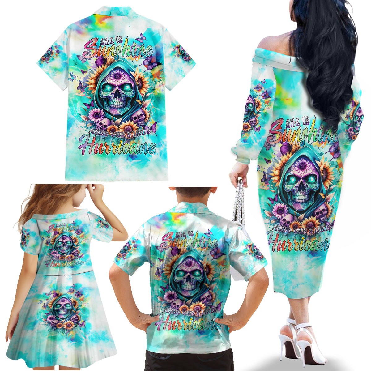 Flower Skull Family Matching Off The Shoulder Long Sleeve Dress and Hawaiian Shirt She Is Sunshine Mixed With A Little Hurricane - Wonder Print Shop