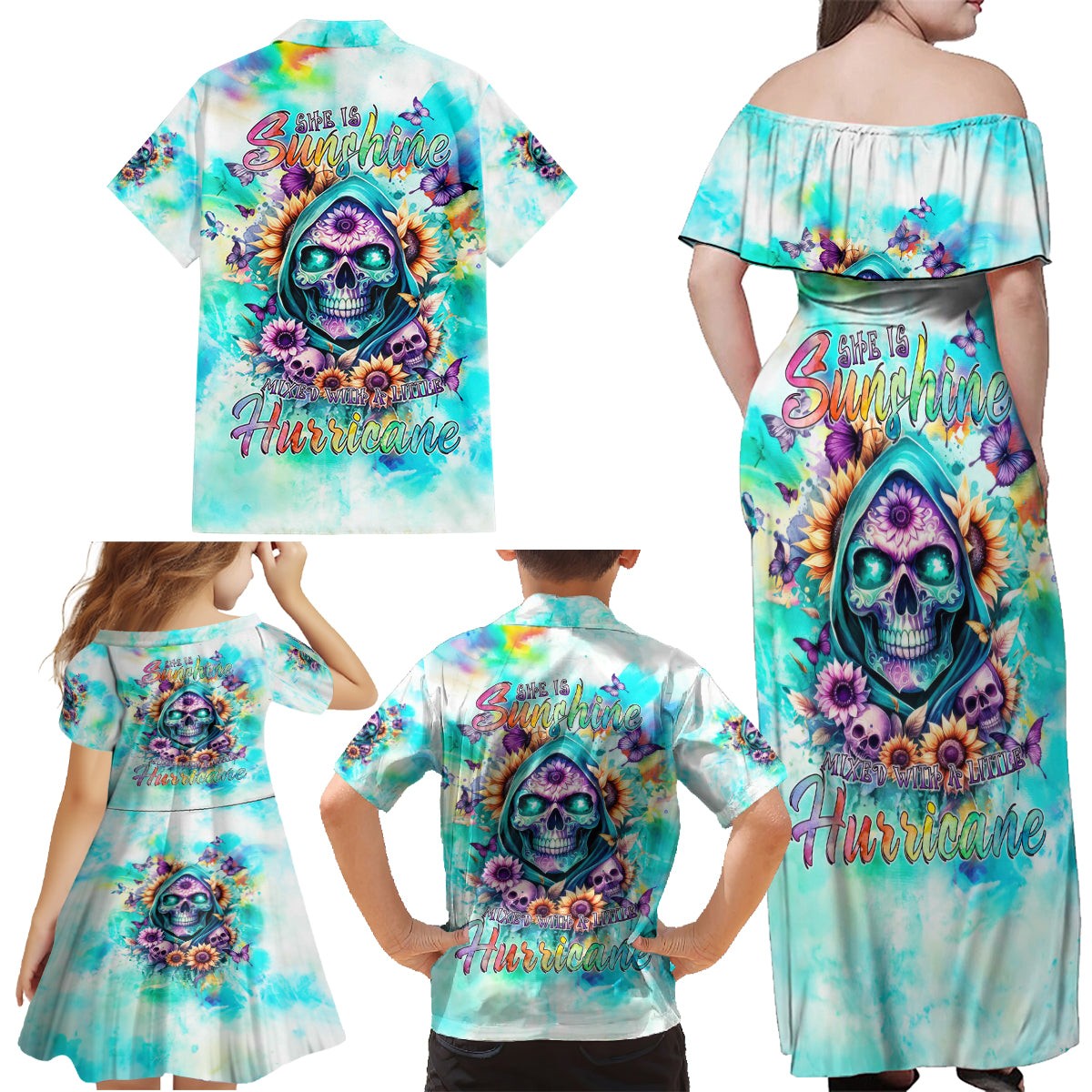 Flower Skull Family Matching Off Shoulder Maxi Dress and Hawaiian Shirt She Is Sunshine Mixed With A Little Hurricane - Wonder Print Shop