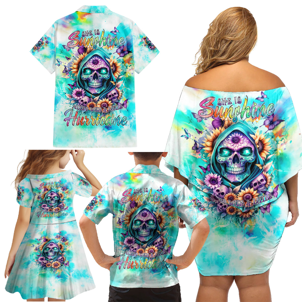 Flower Skull Family Matching Off Shoulder Short Dress and Hawaiian Shirt She Is Sunshine Mixed With A Little Hurricane - Wonder Print Shop