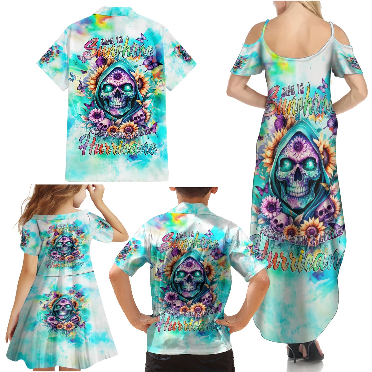 Flower Skull Family Matching Summer Maxi Dress and Hawaiian Shirt She Is Sunshine Mixed With A Little Hurricane - Wonder Print Shop