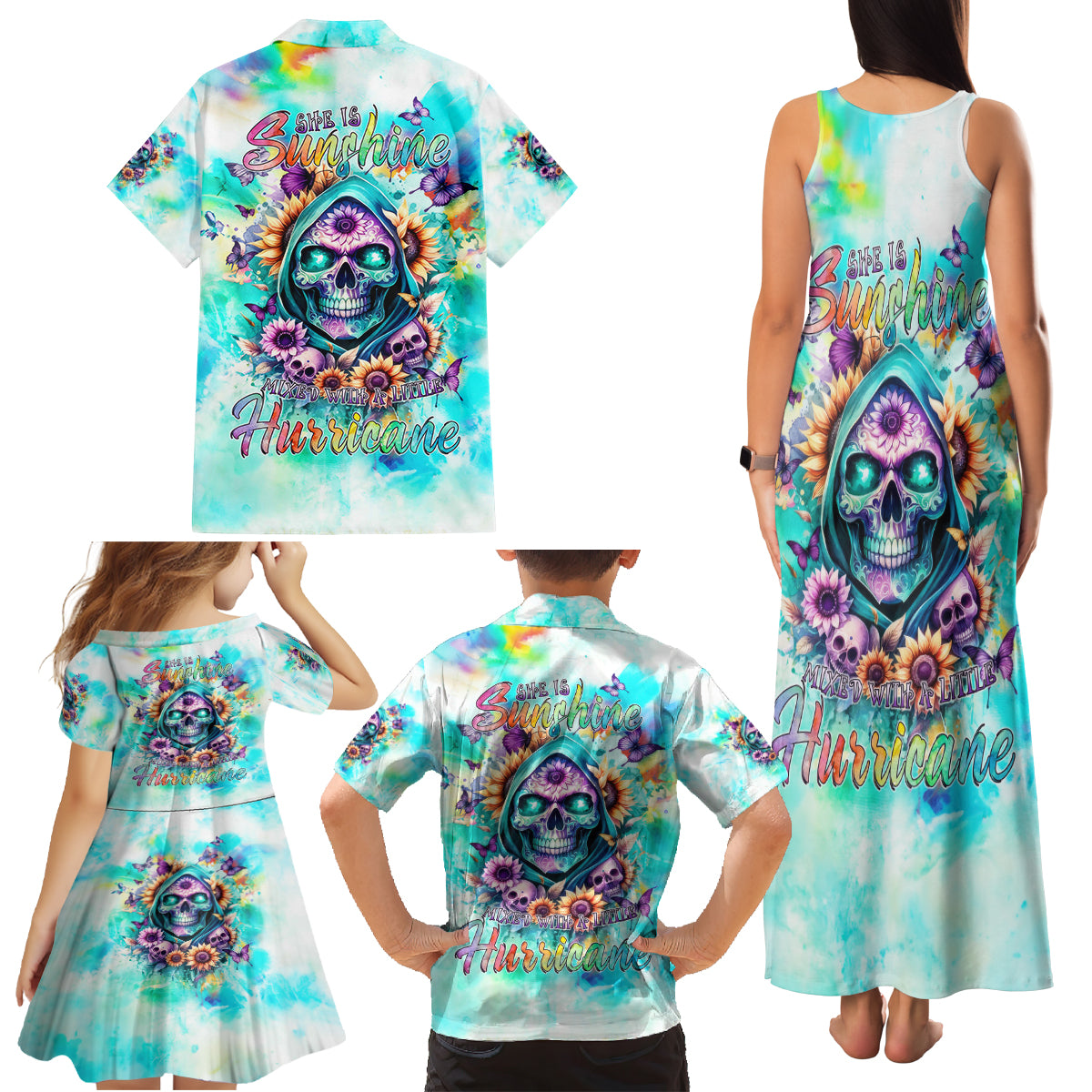 Flower Skull Family Matching Tank Maxi Dress and Hawaiian Shirt She Is Sunshine Mixed With A Little Hurricane - Wonder Print Shop