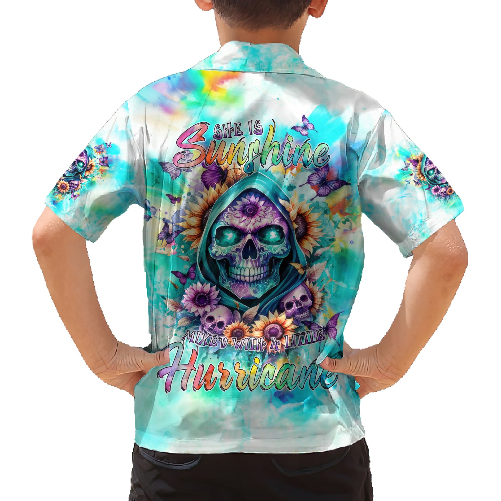 Flower Skull Kid Hawaiian Shirt She Is Sunshine Mixed With A Little Hurricane - Wonder Print Shop