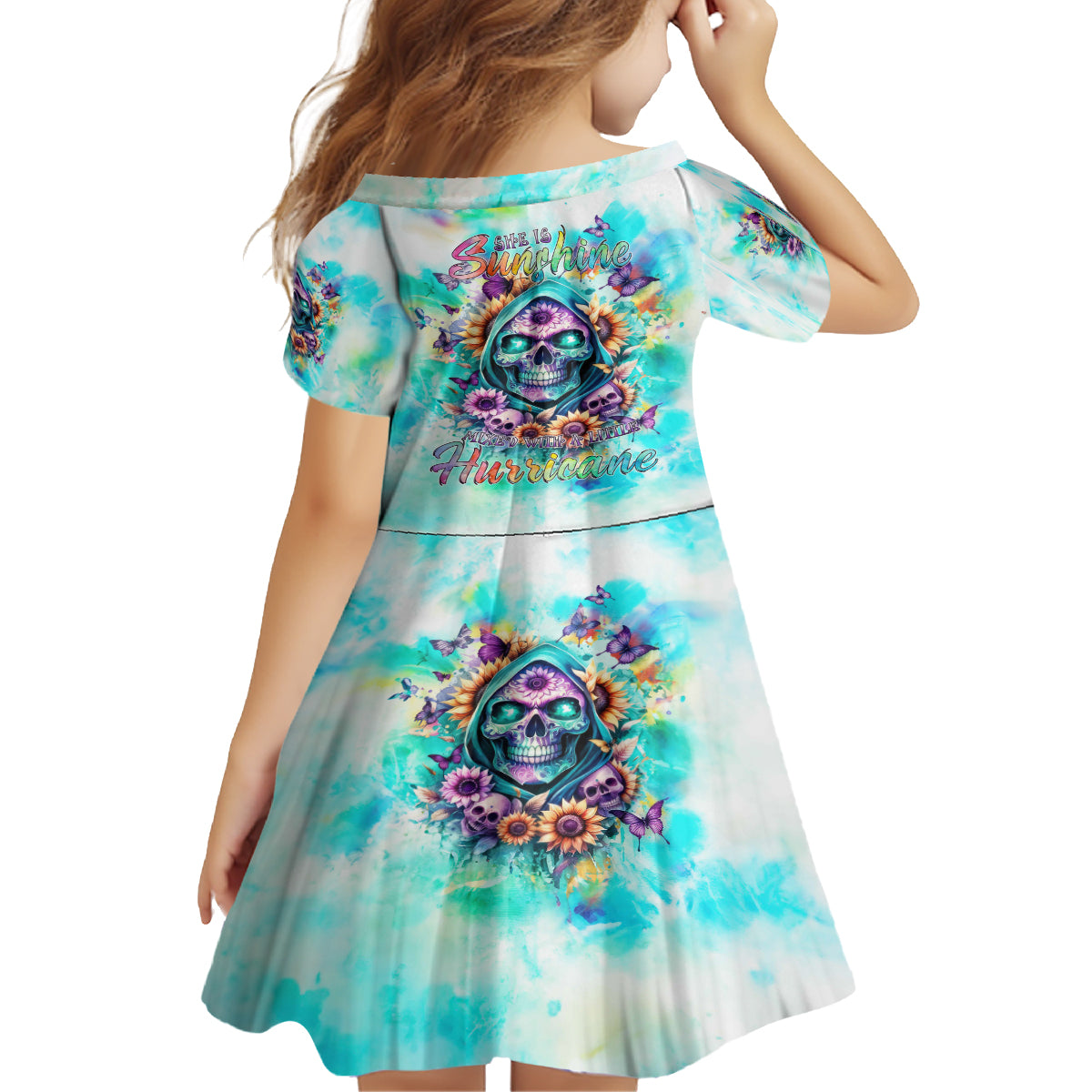 Flower Skull Kid Short Sleeve Dress She Is Sunshine Mixed With A Little Hurricane - Wonder Print Shop