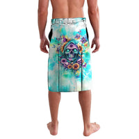 Teal-blue sarong skirt with skull and floral graphic, elastic waistband, knee-length