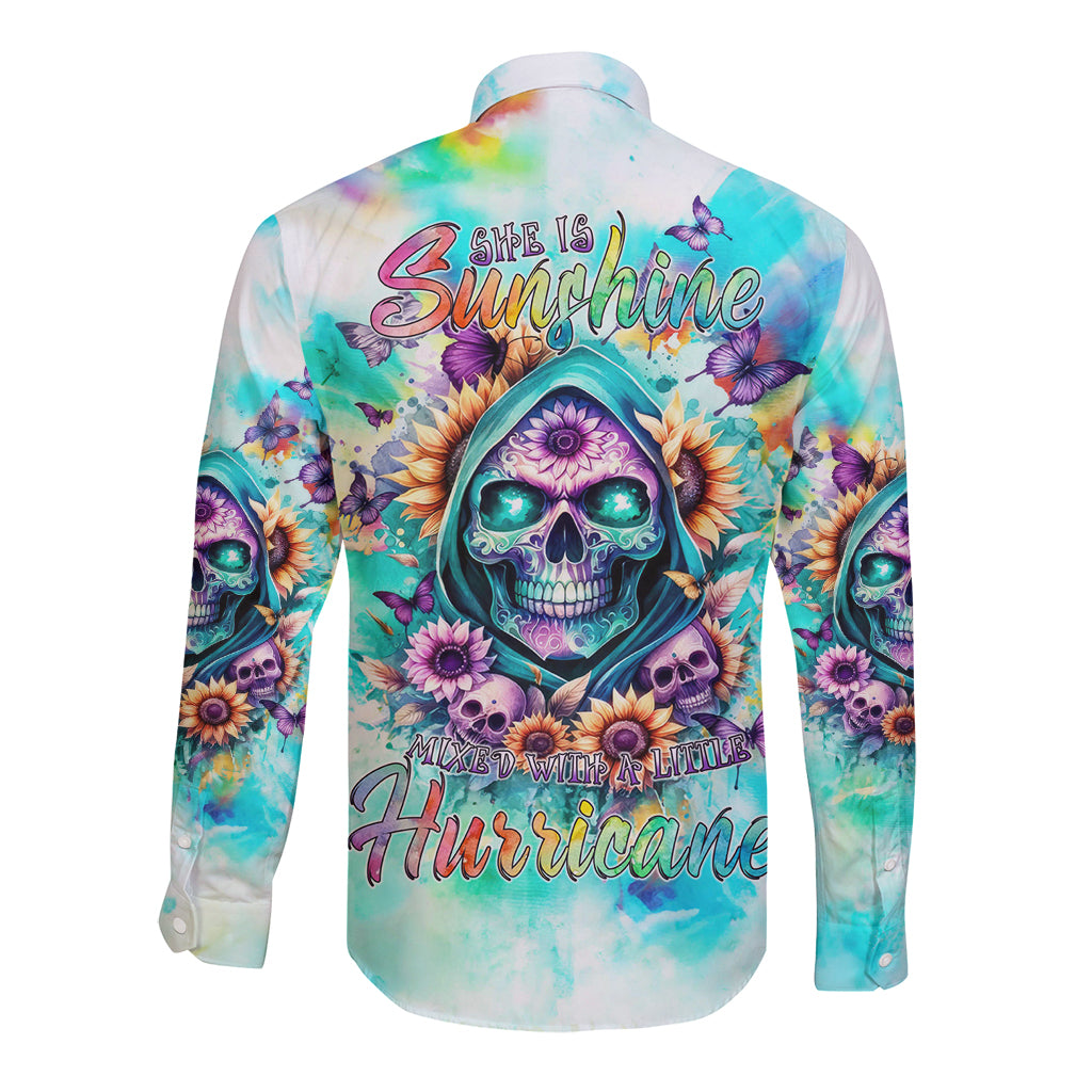 Flower Skull Long Sleeve Button Shirt She Is Sunshine Mixed With A Little Hurricane - Wonder Print Shop