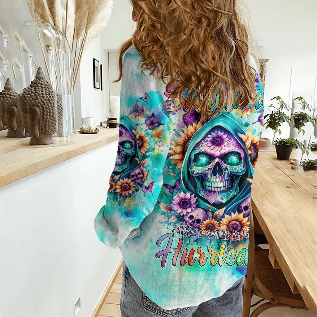 Flower Skull Women Casual Shirt She Is Sunshine Mixed With A Little Hurricane