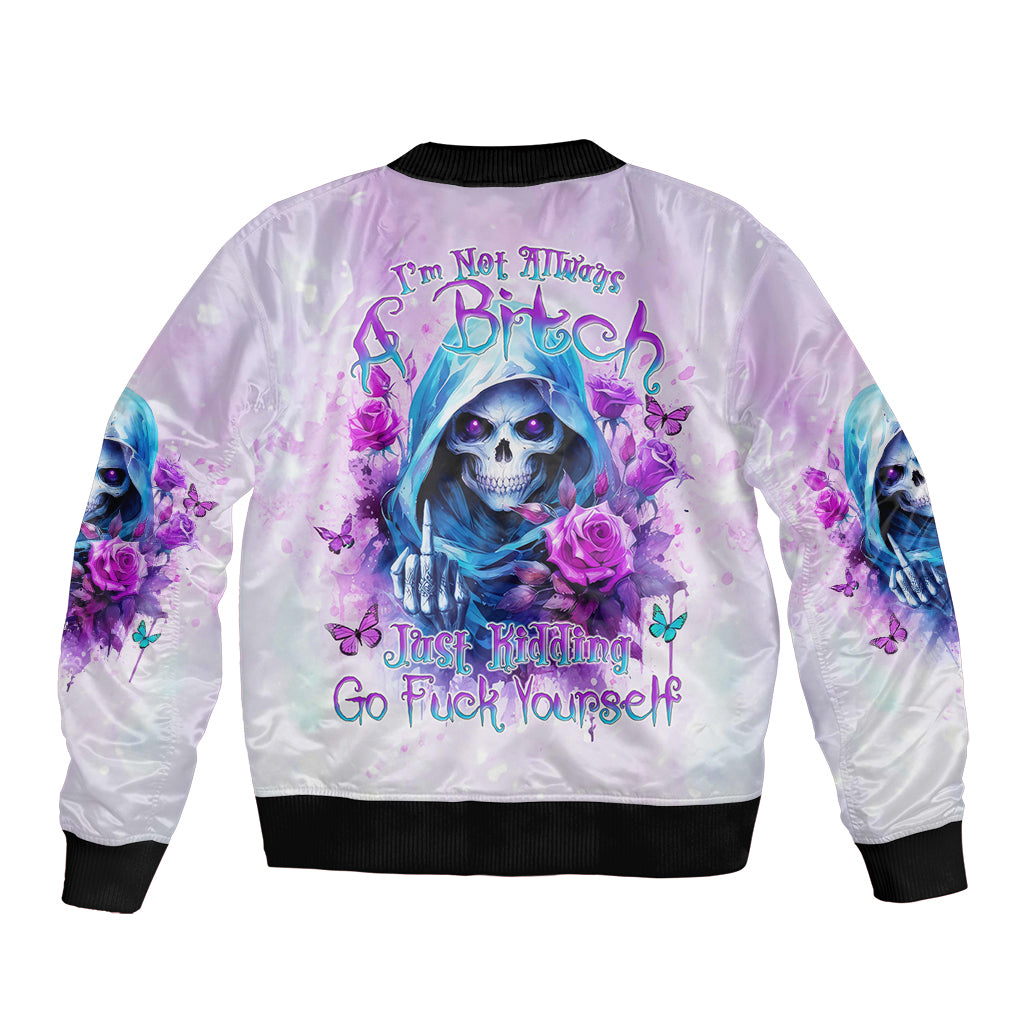 Unisex purple satin bomber jacket with rear skull-and-rose graphic, ribbed hem and cuffs