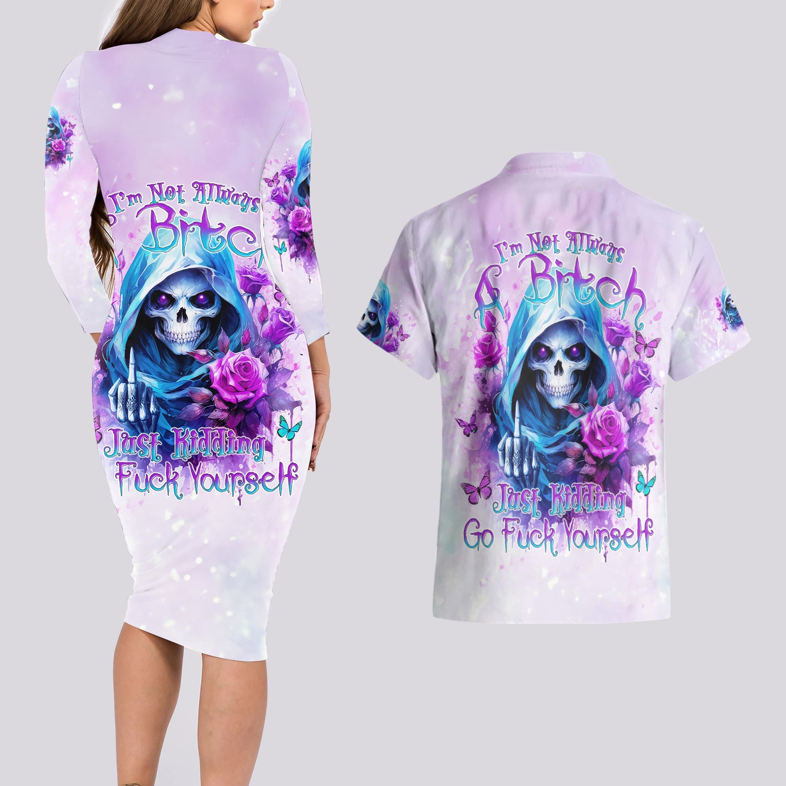 Rose Skull Couples Matching Long Sleeve Bodycon Dress and Hawaiian Shirt I'm Not Always A Bitch Just Kidding Go Fuck Yourself - Wonder Print Shop