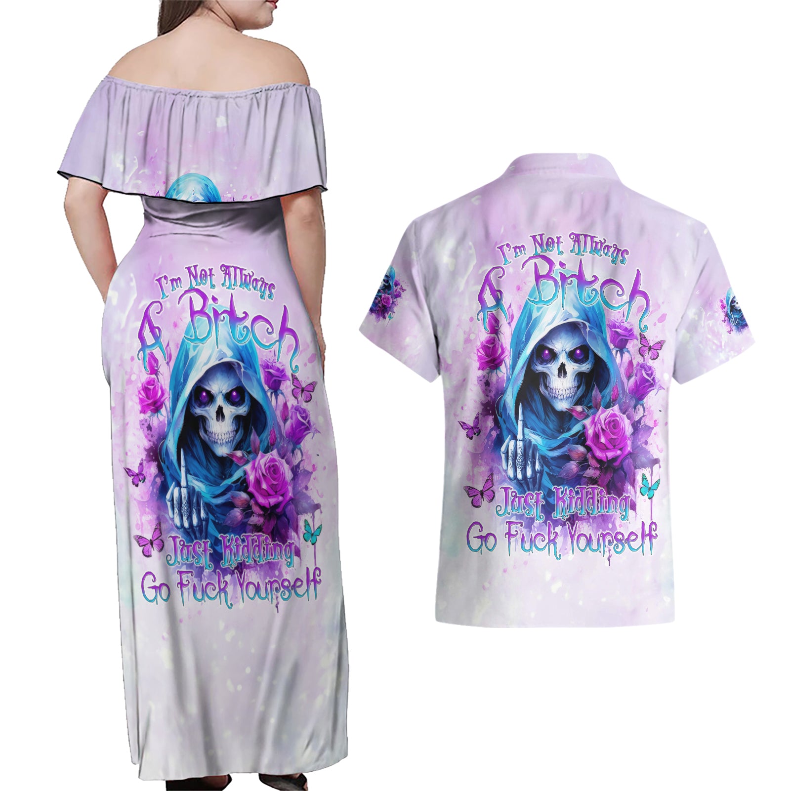 Rose Skull Couples Matching Off Shoulder Maxi Dress and Hawaiian Shirt I'm Not Always A Bitch Just Kidding Go Fuck Yourself - Wonder Print Shop