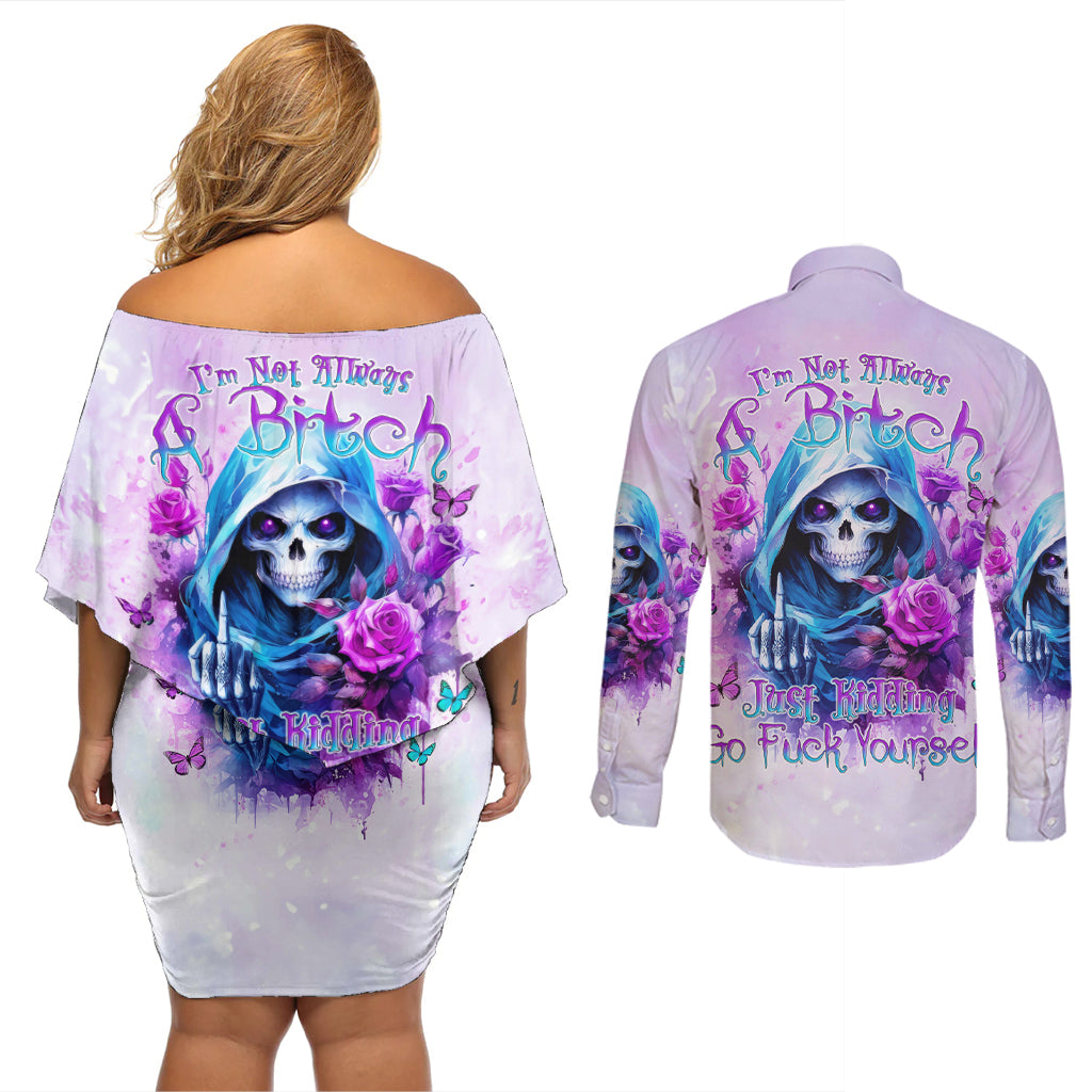 Rose Skull Couples Matching Off Shoulder Short Dress and Long Sleeve Button Shirt I'm Not Always A Bitch Just Kidding Go Fuck Yourself - Wonder Print Shop