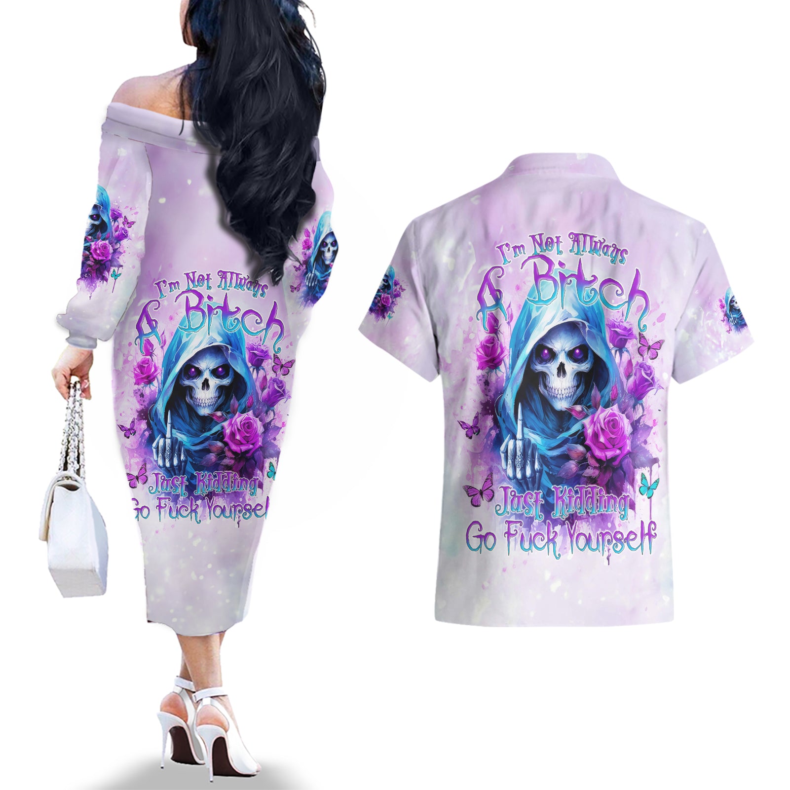 Rose Skull Couples Matching Off The Shoulder Long Sleeve Dress and Hawaiian Shirt I'm Not Always A Bitch Just Kidding Go Fuck Yourself - Wonder Print Shop