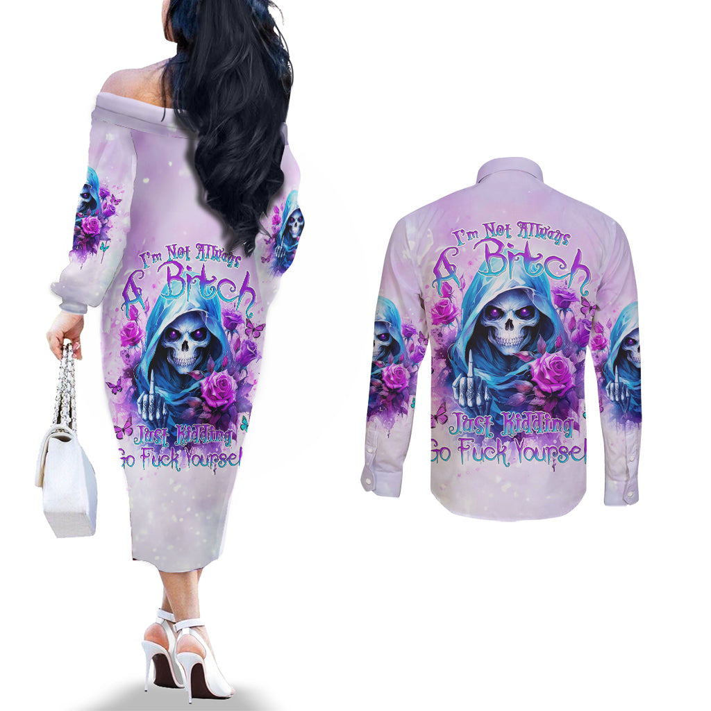 Rose Skull Couples Matching Off The Shoulder Long Sleeve Dress and Long Sleeve Button Shirt I'm Not Always A Bitch Just Kidding Go Fuck Yourself