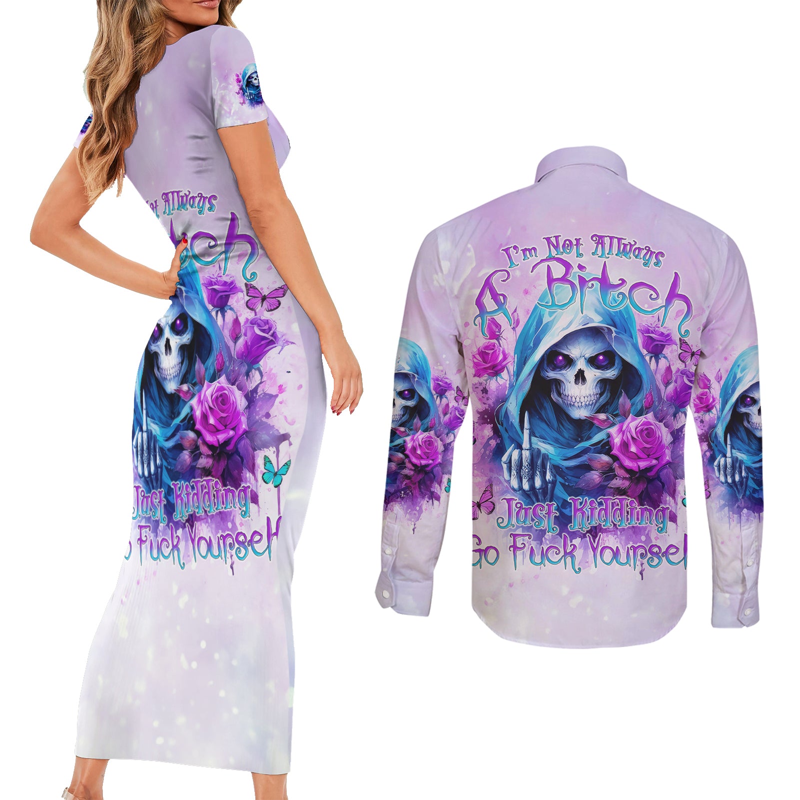 Rose Skull Couples Matching Short Sleeve Bodycon Dress and Long Sleeve Button Shirt I'm Not Always A Bitch Just Kidding Go Fuck Yourself - Wonder Print Shop