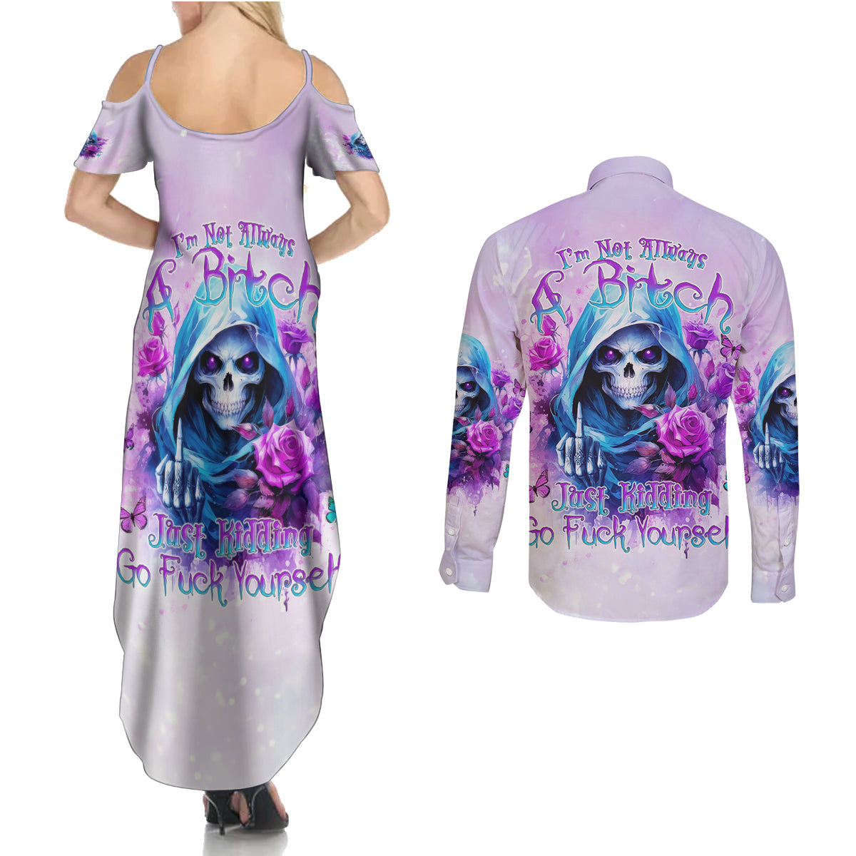 Rose Skull Couples Matching Summer Maxi Dress and Long Sleeve Button Shirt I'm Not Always A Bitch Just Kidding Go Fuck Yourself - Wonder Print Shop