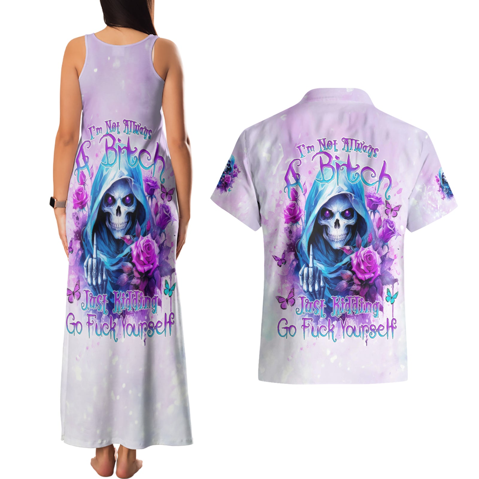 Rose Skull Couples Matching Tank Maxi Dress and Hawaiian Shirt I'm Not Always A Bitch Just Kidding Go Fuck Yourself - Wonder Print Shop