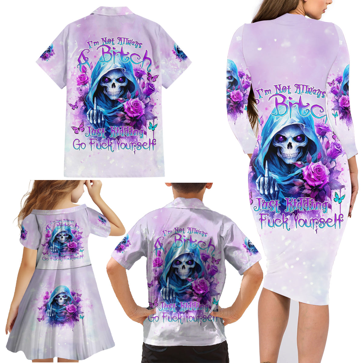 Rose Skull Family Matching Long Sleeve Bodycon Dress and Hawaiian Shirt I'm Not Always A Bitch Just Kidding Go Fuck Yourself - Wonder Print Shop