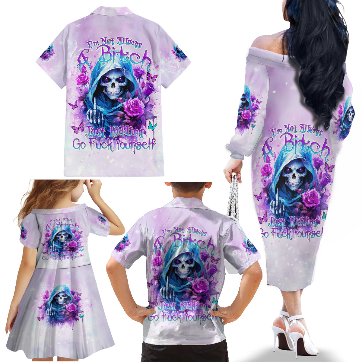 Rose Skull Family Matching Off The Shoulder Long Sleeve Dress and Hawaiian Shirt I'm Not Always A Bitch Just Kidding Go Fuck Yourself - Wonder Print Shop