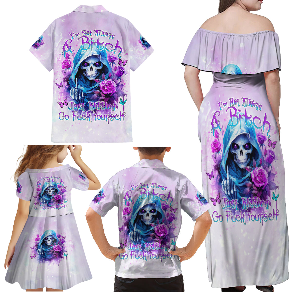 Rose Skull Family Matching Off Shoulder Maxi Dress and Hawaiian Shirt I'm Not Always A Bitch Just Kidding Go Fuck Yourself - Wonder Print Shop