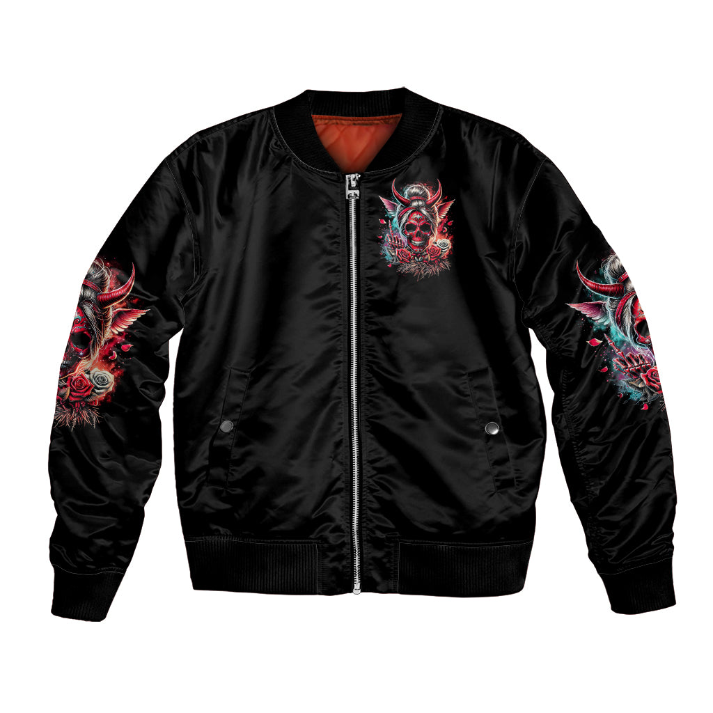 Black satin bomber jacket with front devil skull graphic and ribbed collar cuffs