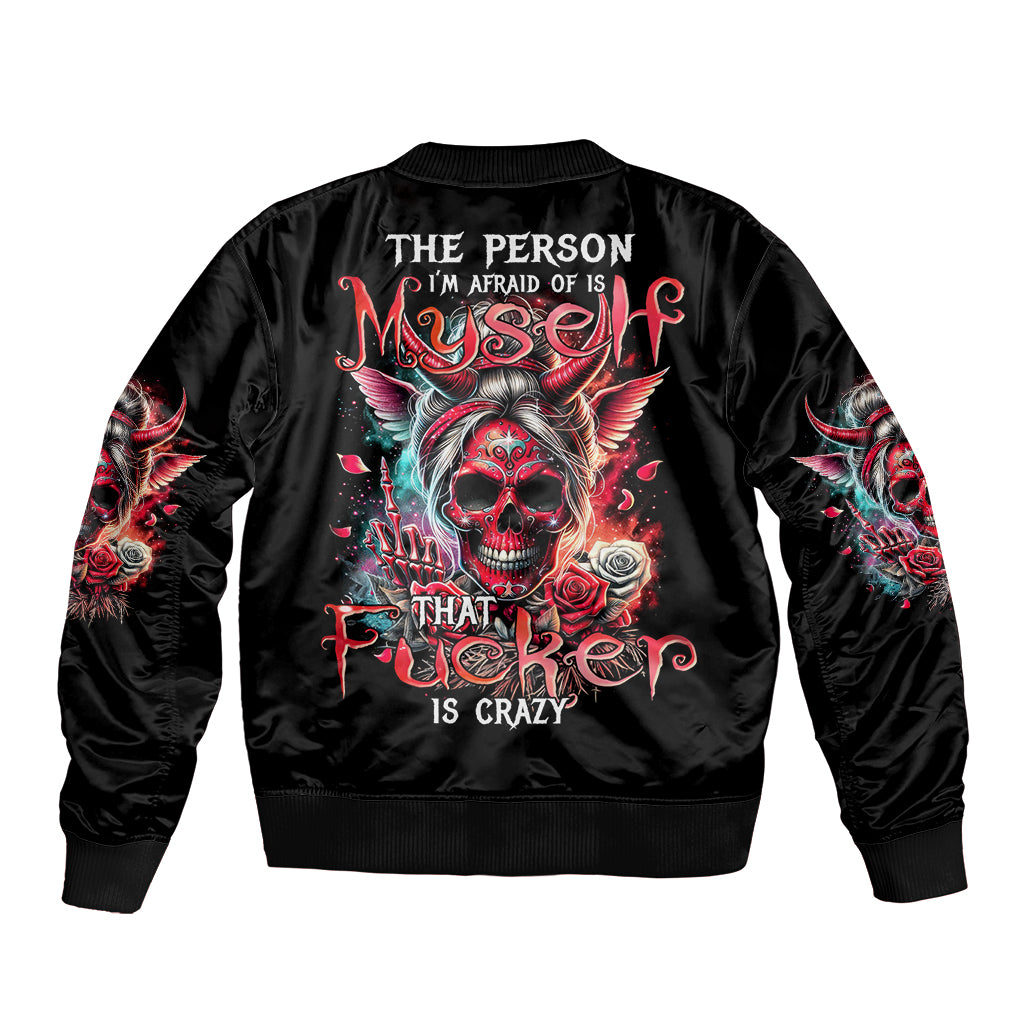 Black satin bomber jacket with back devil skull rose graphic and printed text