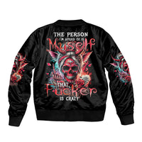 Black satin bomber jacket with back devil skull rose graphic and printed text