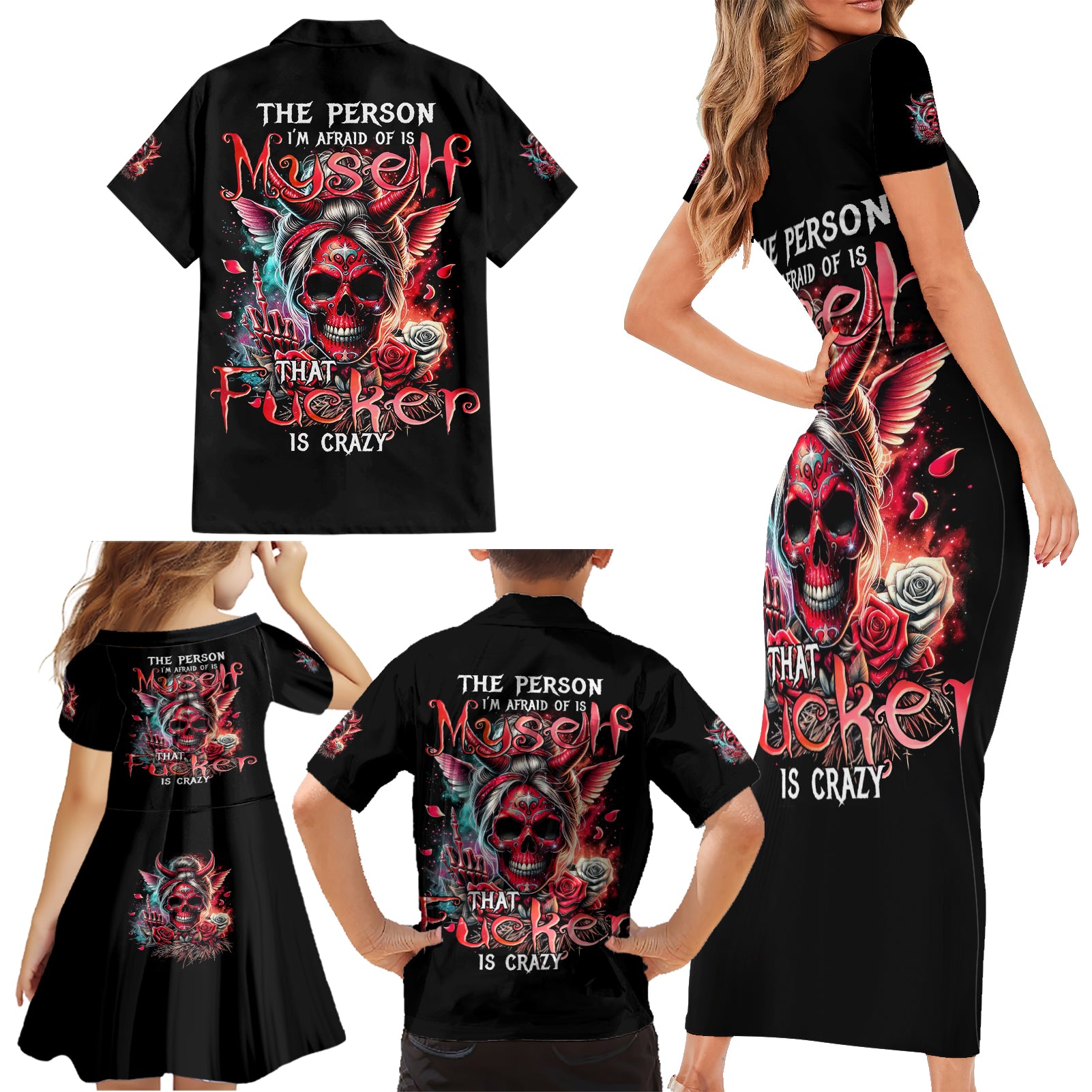 Devil Skull Family Matching Short Sleeve Bodycon Dress and Hawaiian Shirt The Perseon I Afraid Of Is Myself That Fucker Is Crazy - Wonder Print Shop