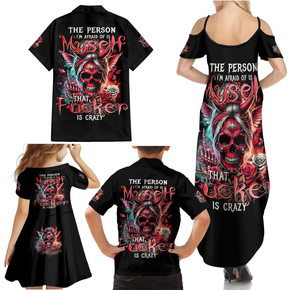 Devil Skull Family Matching Summer Maxi Dress and Hawaiian Shirt The Perseon I Afraid Of Is Myself That Fucker Is Crazy - Wonder Print Shop