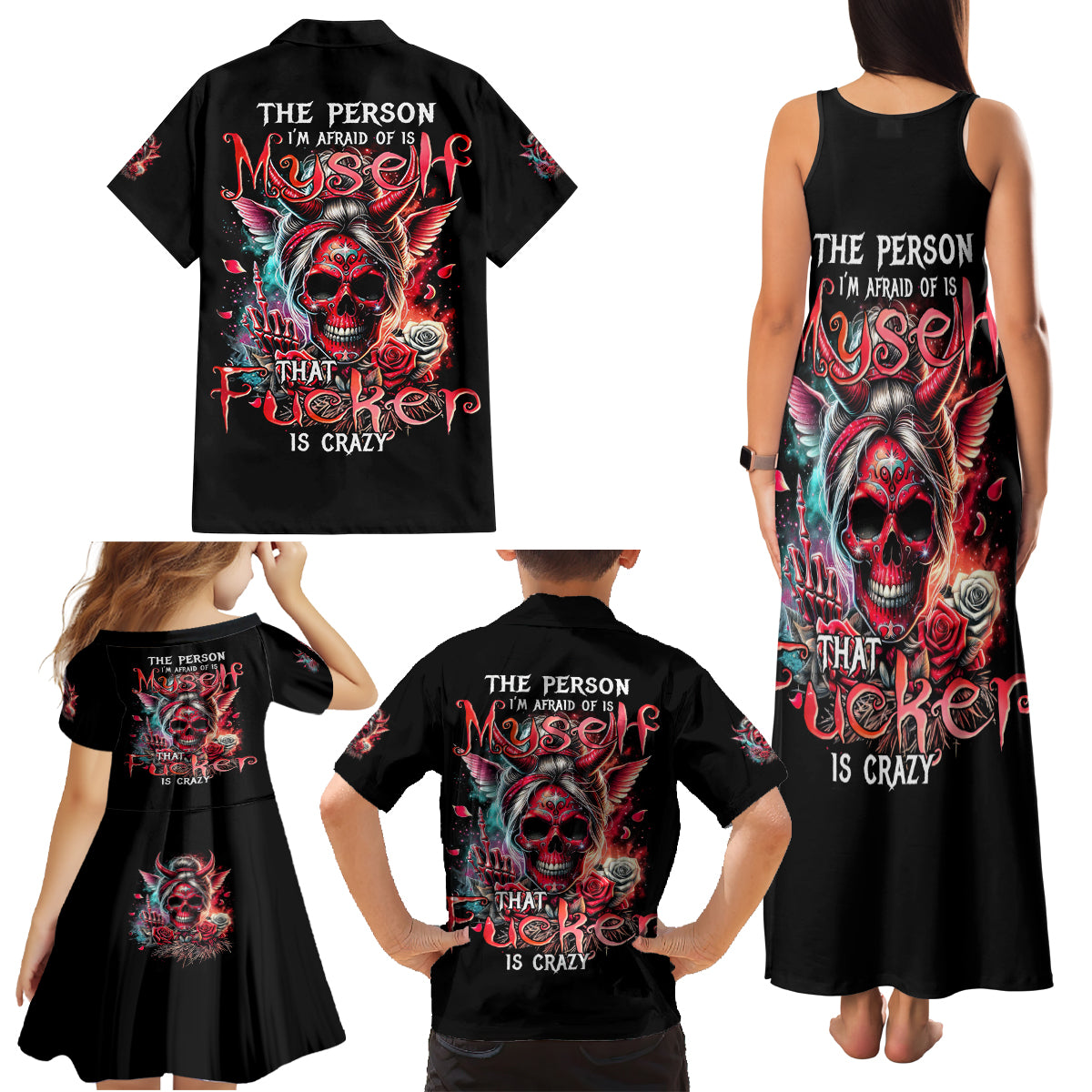 Devil Skull Family Matching Tank Maxi Dress and Hawaiian Shirt The Perseon I Afraid Of Is Myself That Fucker Is Crazy - Wonder Print Shop