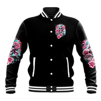 Black baseball jacket front with small skull-and-rose patch, button placket and striped cuffs