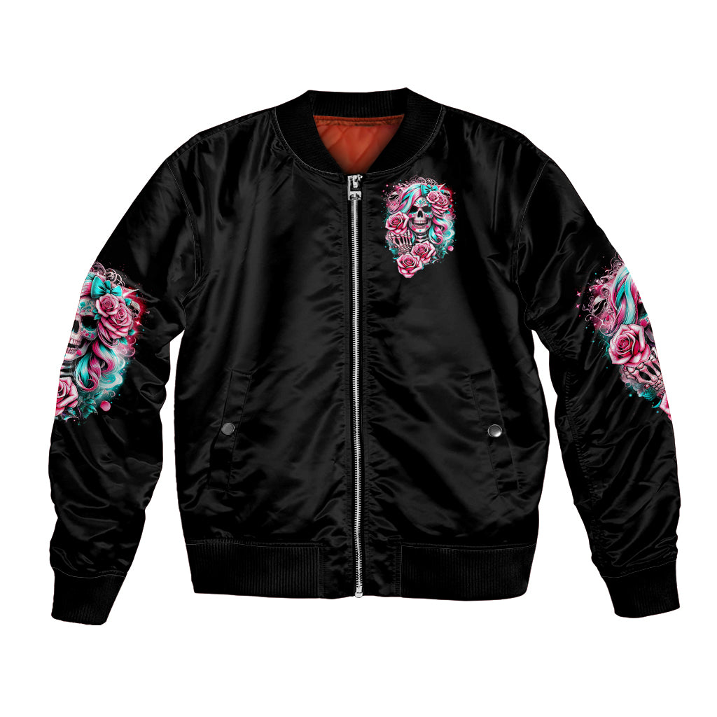 Black satin bomber jacket with zip front and rose skull chest patch, colorful sleeves