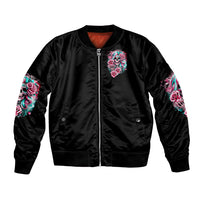 Black satin bomber jacket with zip front and rose skull chest patch, colorful sleeves