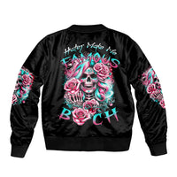 Black satin bomber jacket with rose skull back graphic and colorful sleeve art