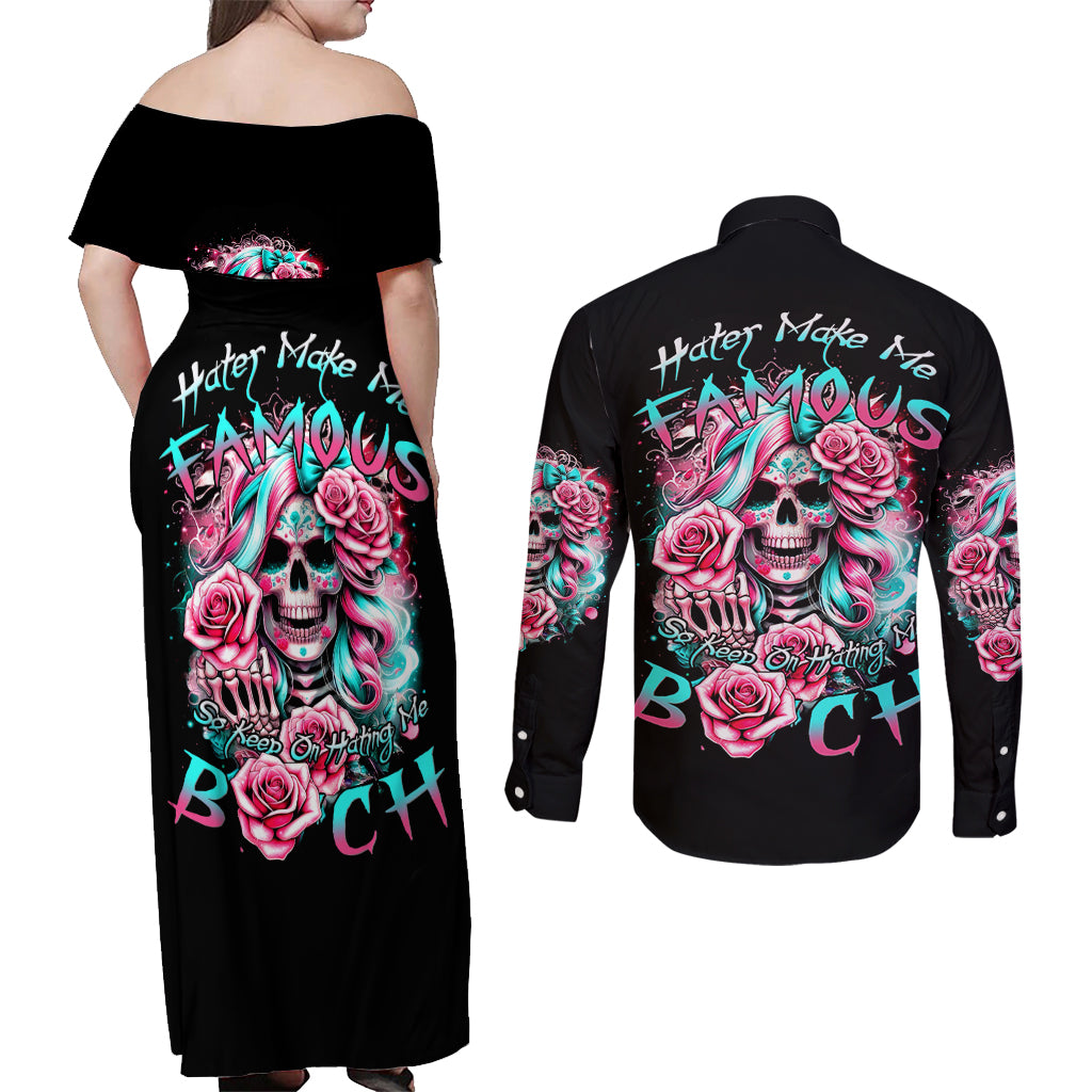 Rose Skull Couples Matching Off Shoulder Maxi Dress and Long Sleeve Button Shirt Hater Make Me Famous So Keep On Hating Me Bitch - Wonder Print Shop