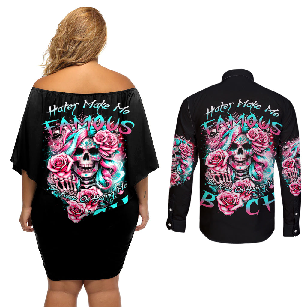 Rose Skull Couples Matching Off Shoulder Short Dress and Long Sleeve Button Shirt Hater Make Me Famous So Keep On Hating Me Bitch - Wonder Print Shop