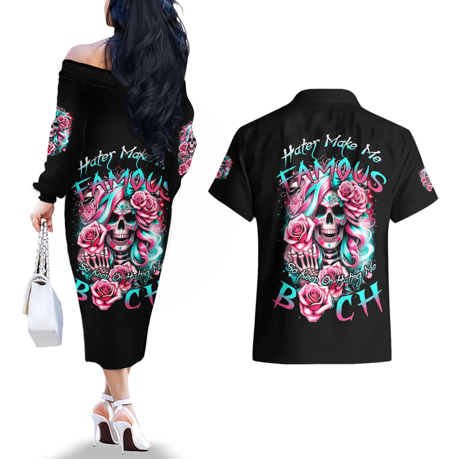 Rose Skull Couples Matching Off The Shoulder Long Sleeve Dress and Hawaiian Shirt Hater Make Me Famous So Keep On Hating Me Bitch - Wonder Print Shop