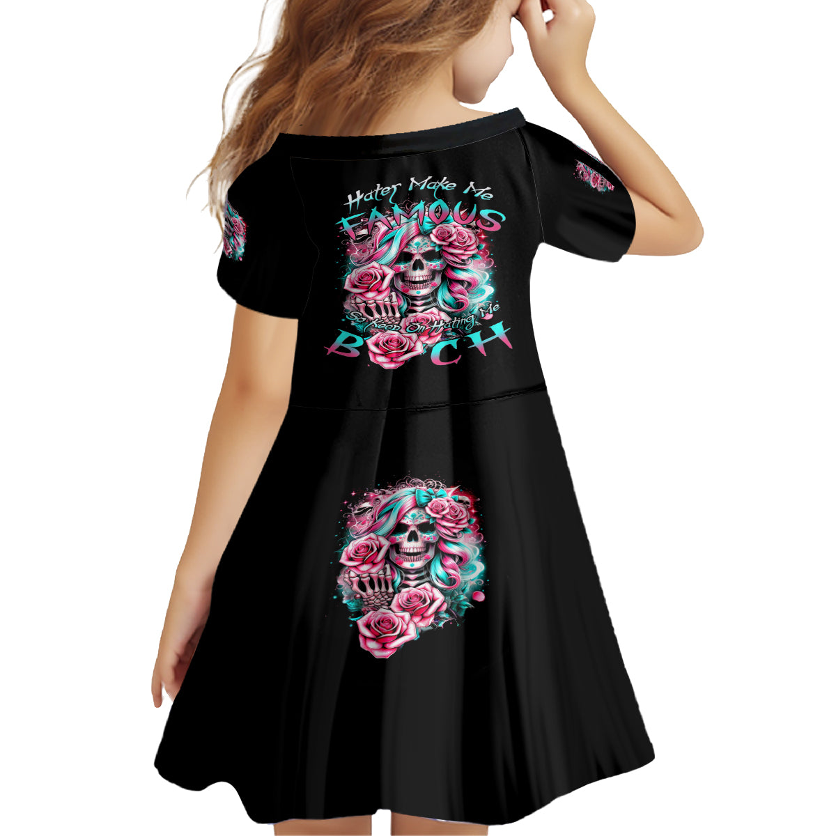 Rose Skull Kid Short Sleeve Dress Hater Make Me Famous So Keep On Hating Me Bitch - Wonder Print Shop