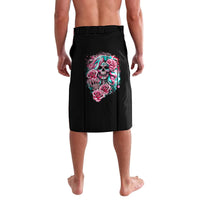 Black knee-length skirt with colorful skull and rose front graphic