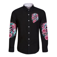 Black long-sleeve button shirt with colorful skull, roses, and floral sleeve print