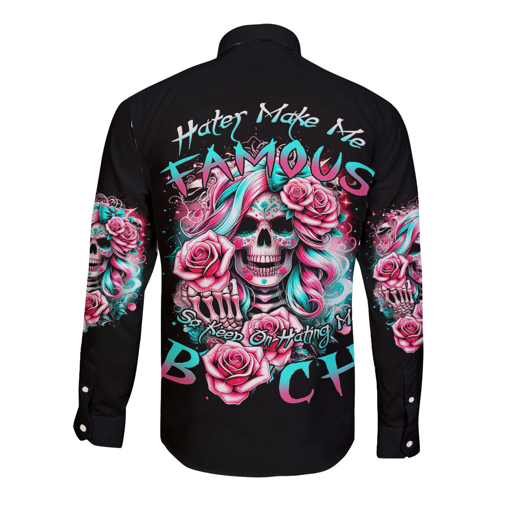 Black long-sleeve button shirt with back text and neon skull with roses