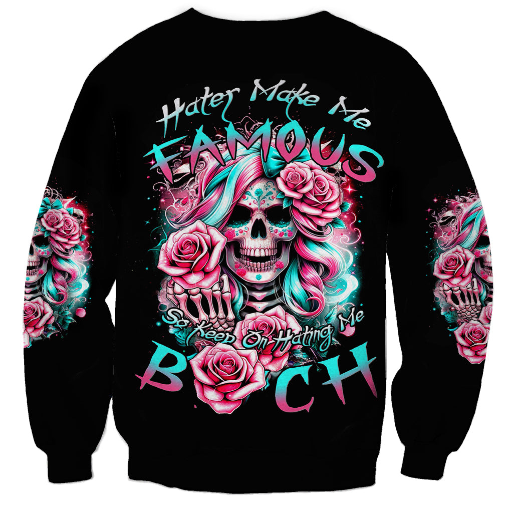 Black crewneck sweatshirt with colorful skull and rose graphic, long sleeves