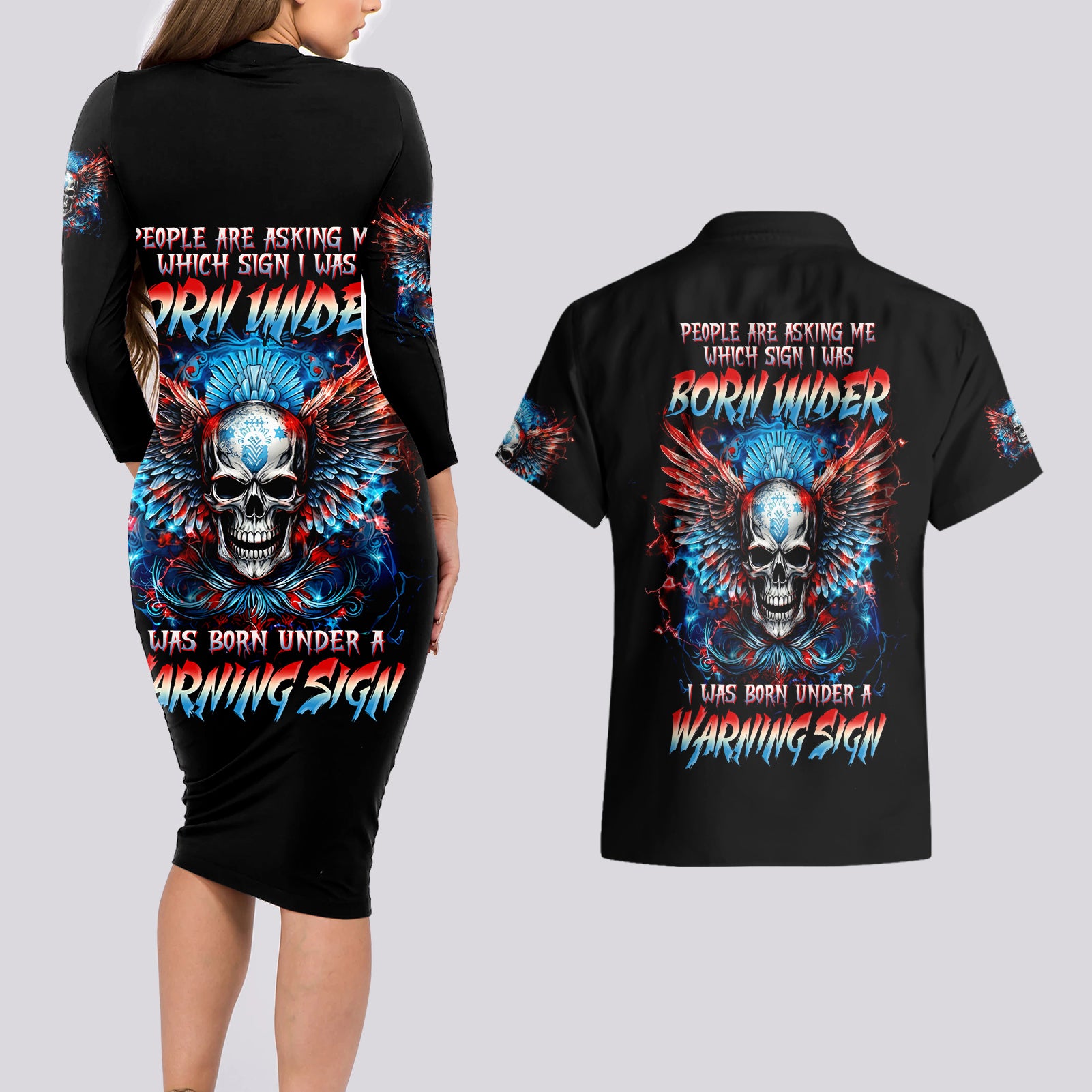 Wings Skull Couples Matching Long Sleeve Bodycon Dress and Hawaiian Shirt People Are Asking Me Which Sign I was Born Under I Was Born Under A Warning Sigh - Wonder Print Shop