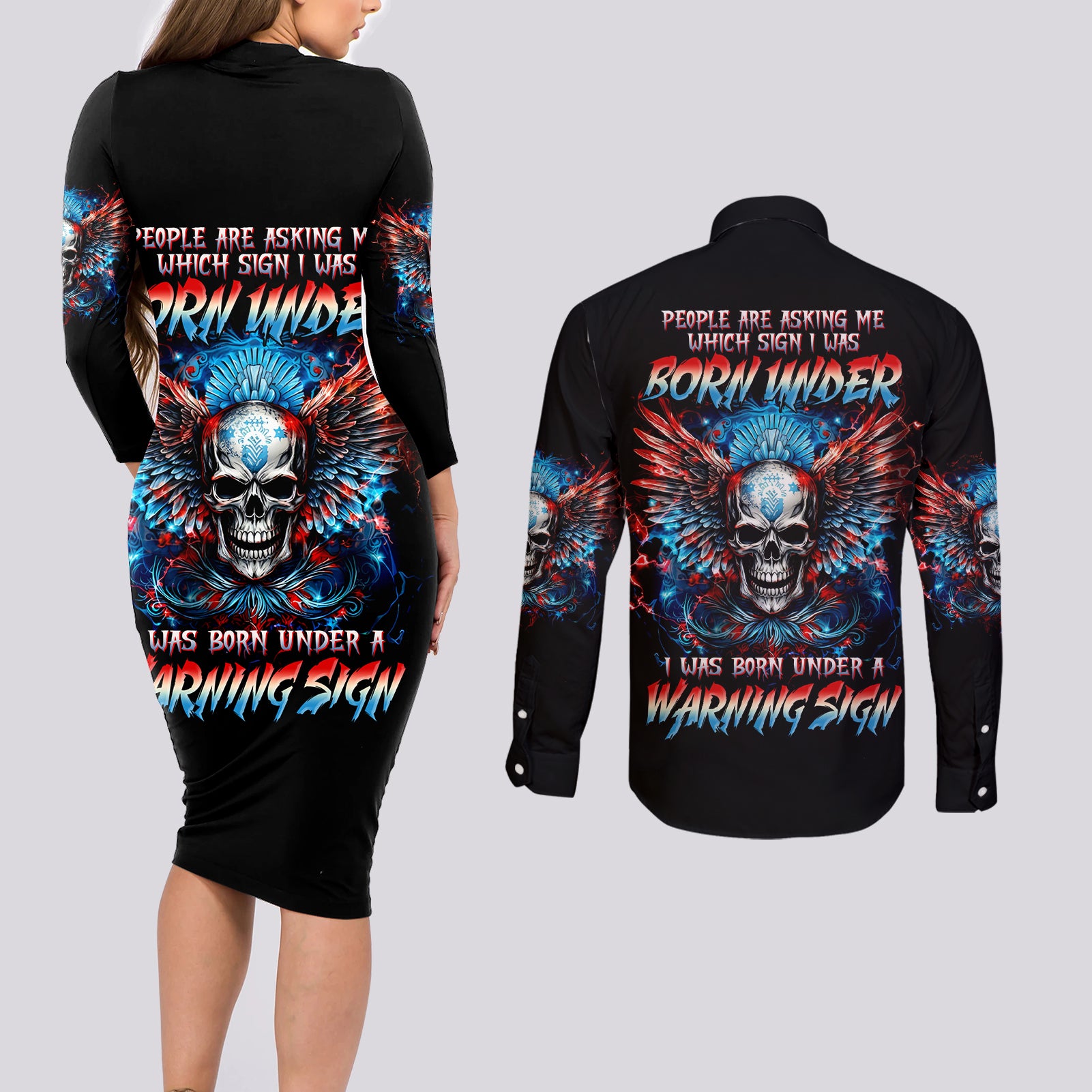 Wings Skull Couples Matching Long Sleeve Bodycon Dress and Long Sleeve Button Shirt People Are Asking Me Which Sign I was Born Under I Was Born Under A Warning Sigh - Wonder Print Shop